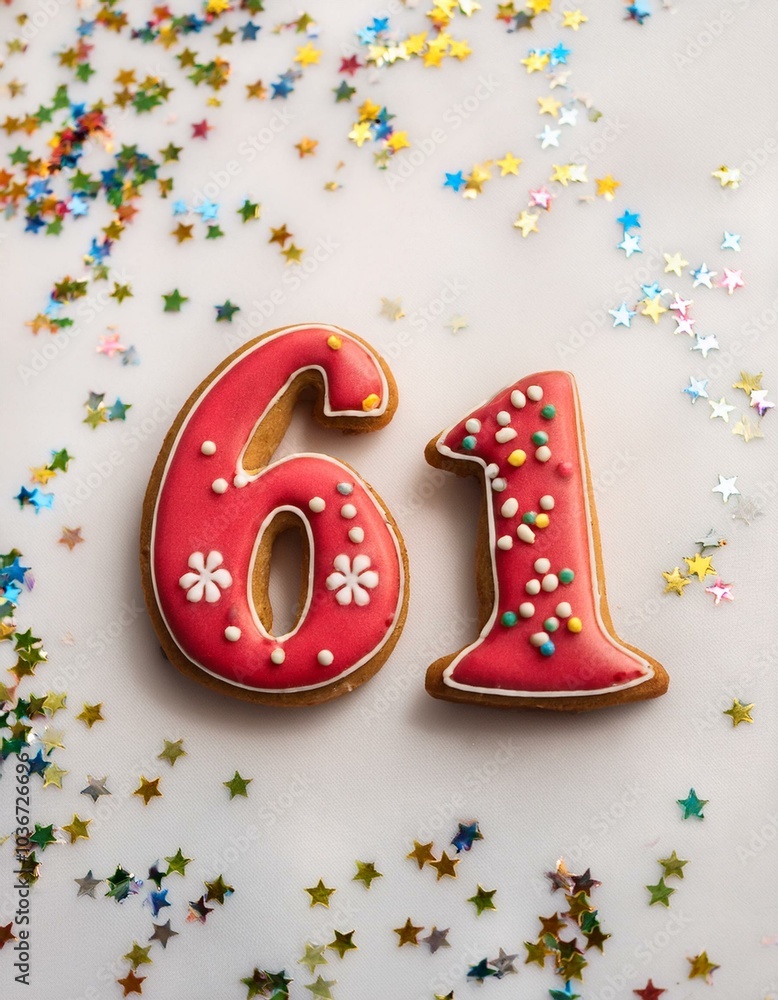 Decorated cookie, number 61, image for birthday or anniversary celebration Decorated cookie, number 61, image for birthday or anniversary celebration