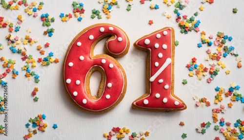 Decorated cookie, number 61, image for birthday or anniversary celebration