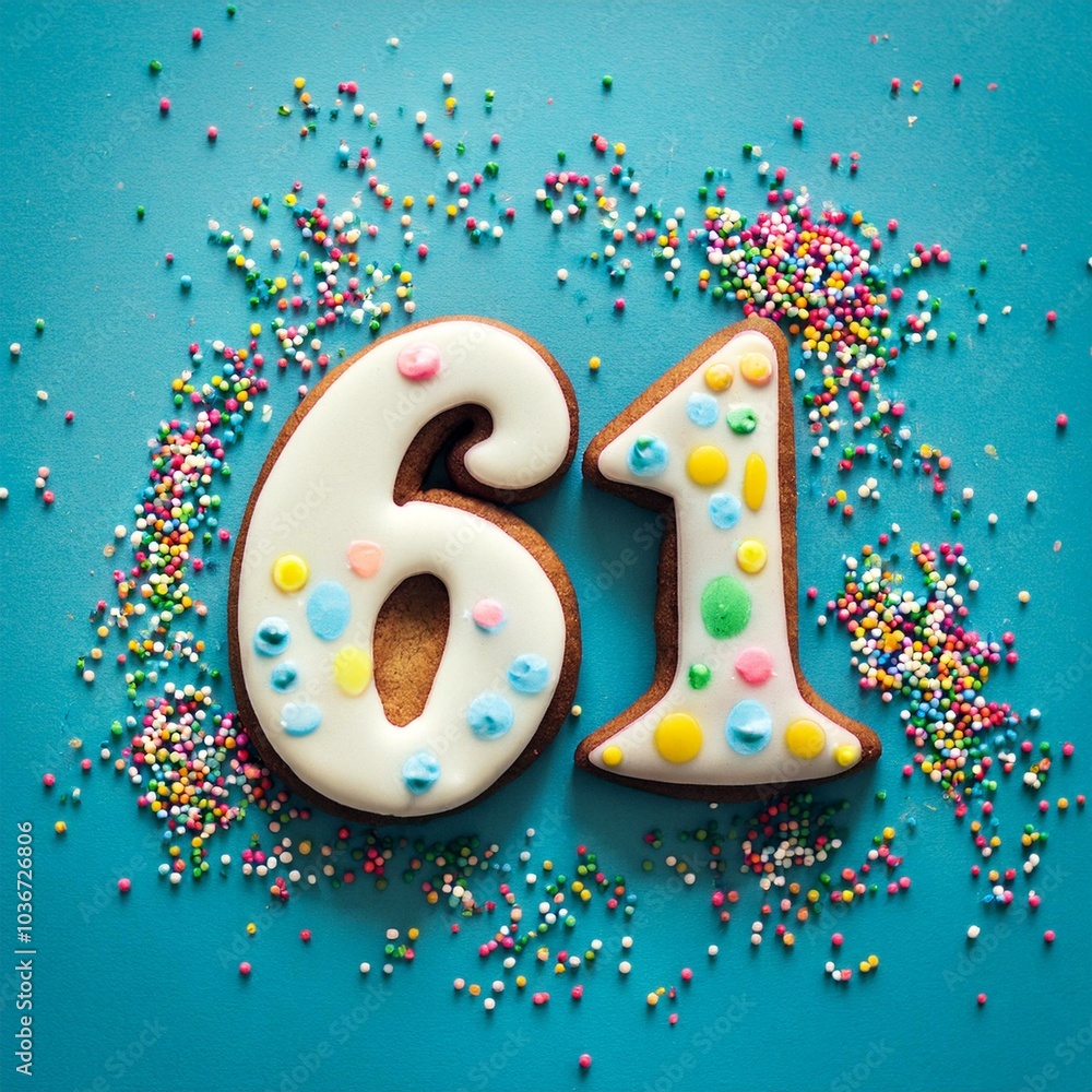 Decorated cookie, number 61, image for birthday or anniversary celebration Decorated cookie, number 61, image for birthday or anniversary celebration
