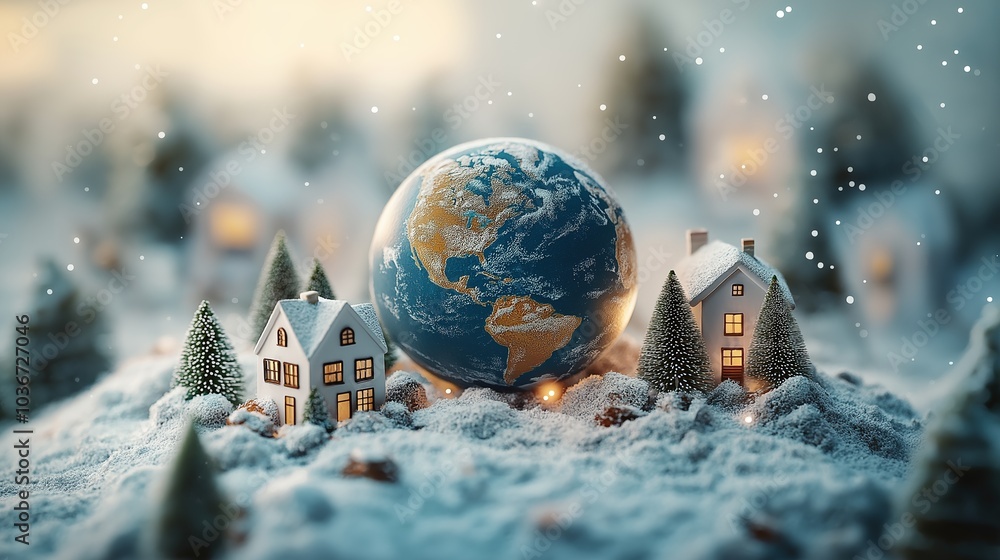 A globe depicting Earth rests on a snowy miniature landscape, surrounded by cozy houses and pine trees, creating a serene winter scene A globe depicting Earth rests on a snowy miniature landscape, surrounded by cozy houses and pine trees, creating a serene winter scene