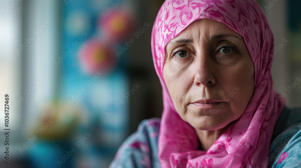 A older woman with cancer, wearing a pink scarf, looks directly into the camera Breast Cancer support A older woman with cancer, wearing a pink scarf, looks directly into the camera Breast Cancer support