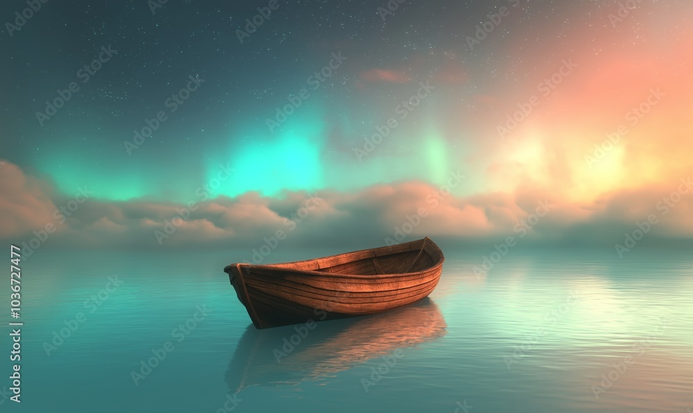tiny wooden boat floating alone in the sea of smoky clouds, soft colorful aurora in the clear background, at night, tiny wooden boat floating alone in the sea of smoky clouds, soft colorful aurora in the clear background, at night,