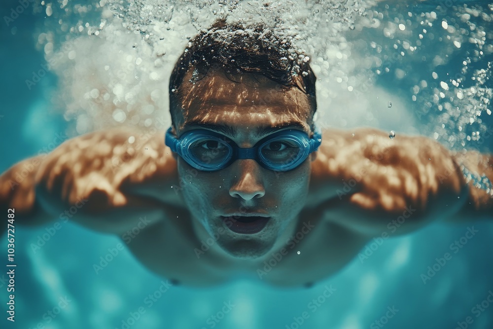 Fototapeta premium Pro male swimmer in action inside swimming pool, Generative AI