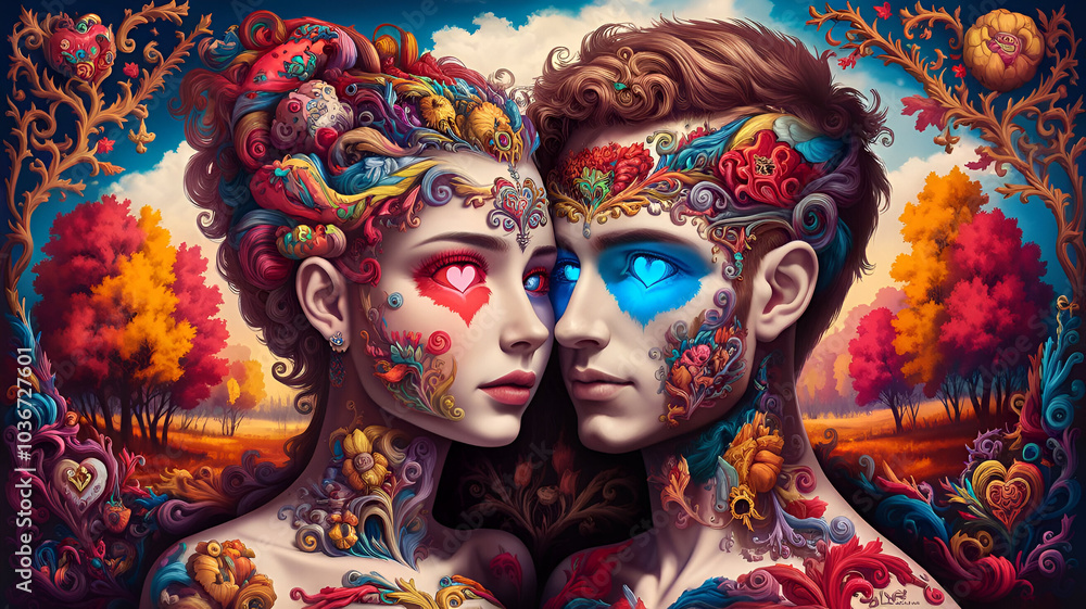 Couple in love, gazing at each other, with colorful decorative tattoos in an artistic landscape
Couple in love, gazing at each other, with colorful decorative tattoos in an artistic landscape