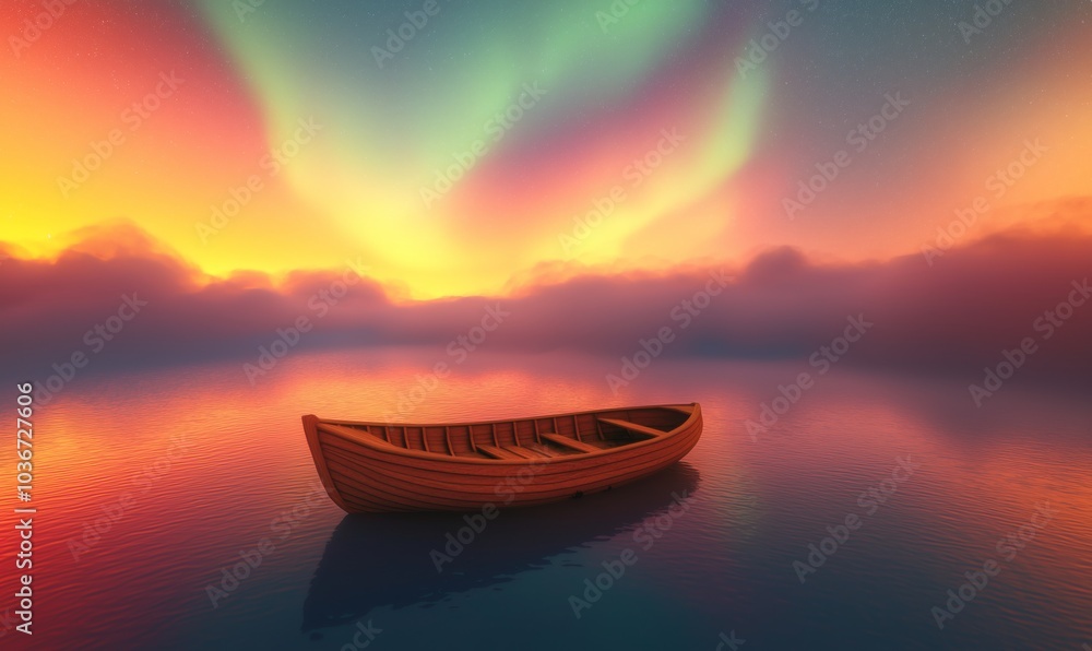tiny wooden boat floating alone in the sea of smoky clouds, soft colorful aurora in the clear background, at night, tiny wooden boat floating alone in the sea of smoky clouds, soft colorful aurora in the clear background, at night,