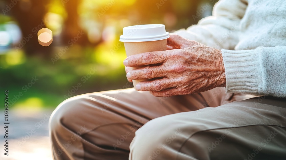 Middle-aged man with slight tremor holding cup of coffee on park bench, symbolizing struggle with Parkinson's disease, calm natural setting. Middle-aged man with slight tremor holding cup of coffee on park bench, symbolizing struggle with Parkinson's disease, calm natural setting.