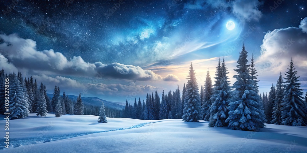 Fototapeta premium Serene Winter Landscape with Fir Trees in a Valley Under a Picturesque Cloudy Night Sky - Minimalist Photography Inspiration