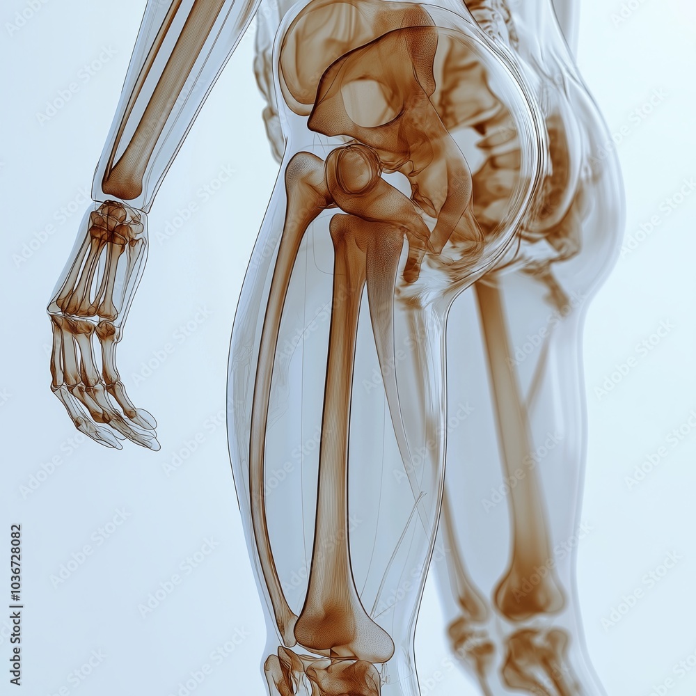 Translucent 3D model of a human skeleton, close-up focus on the knee joint, muscles highlighted in red, anatomical illustration, transparent bones Translucent 3D model of a human skeleton, close-up focus on the knee joint, muscles highlighted in red, anatomical illustration, transparent bones