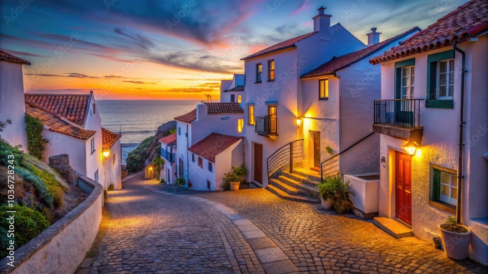 Fototapeta premium Silhouette of Azenhas do Mar: Charming Narrow Street with White Two-Storey Houses in Portugal's Coastal Town