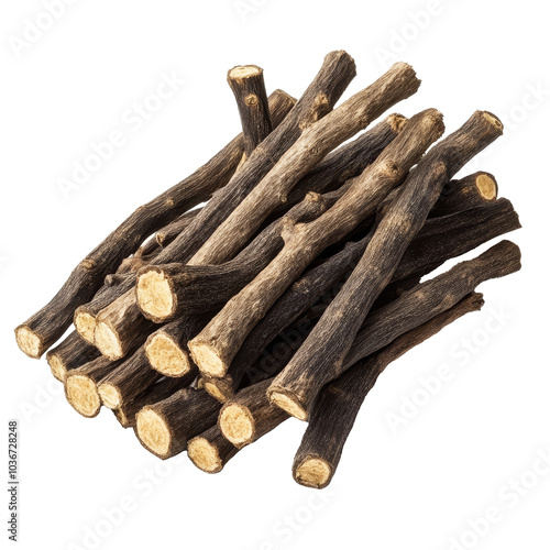 Liquorice roots isolated on a transparent background, showcasing their unique texture and natural form, Liquorice roots isolated on transparent background photo