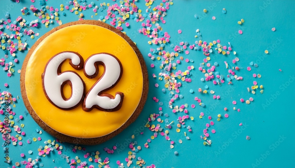 Decorated cookie, number 62, image for birthday or anniversary celebration Decorated cookie, number 62, image for birthday or anniversary celebration