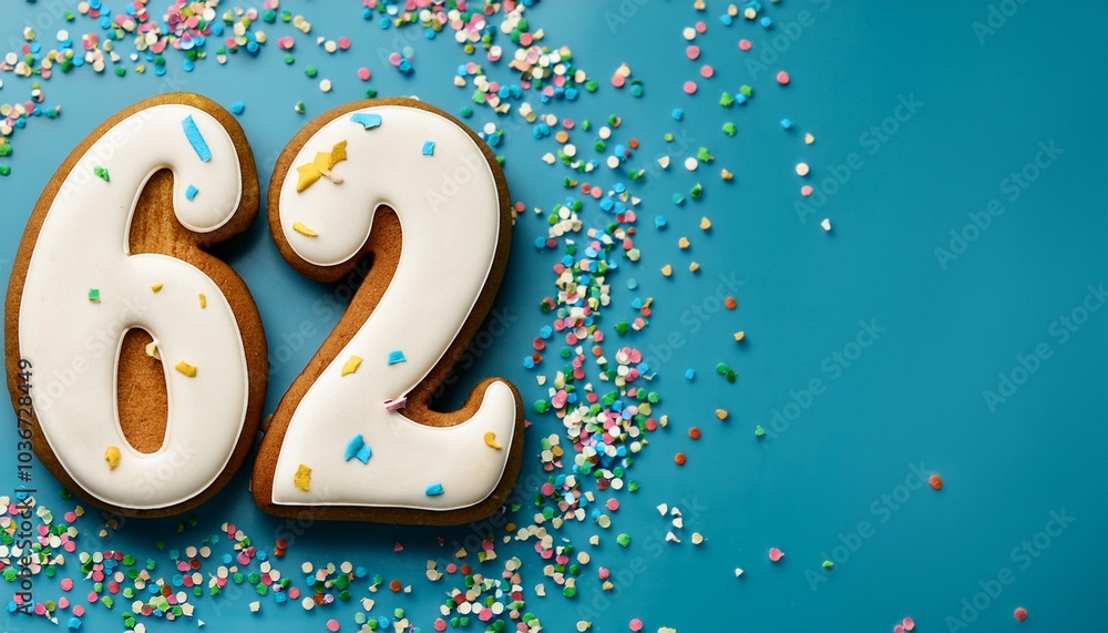Decorated cookie, number 62, image for birthday or anniversary celebration Decorated cookie, number 62, image for birthday or anniversary celebration