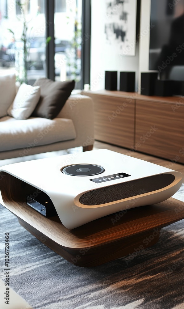 White speaker on wooden table in living room. White speaker on wooden table in living room.