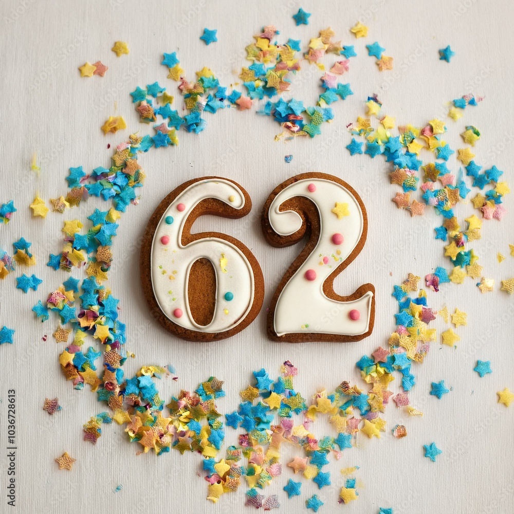 Decorated cookie, number 62, image for birthday or anniversary celebration Decorated cookie, number 62, image for birthday or anniversary celebration