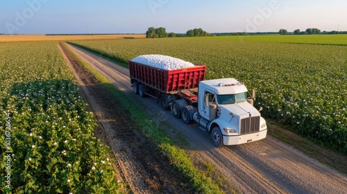 Aerial View of Cotton Field and Truck Transporting Cotton