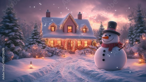 A cheerful snowman stands near a warmly lit house, surrounded by snow-covered trees and lanterns.