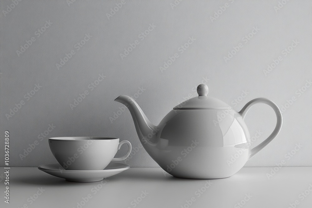 The classic white tea kettle and cup rest on a smooth surface, creating a serene atmosphere perfect for enjoying a warm beverage. Generative AI The classic white tea kettle and cup rest on a smooth surface, creating a serene atmosphere perfect for enjoying a warm beverage. Generative AI
