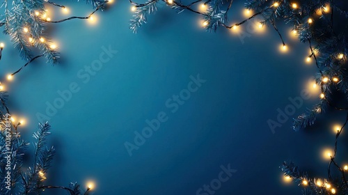 Christmas backdrop featuring a frame border of pine branches and glowing lights on a dark blue background
