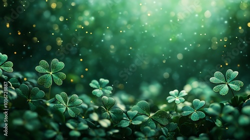 Vibrant green St Patrick's Day background filled with sparkling shamrock shapes that shimmer with festive charm creating a joyful atmosphere perfect for celebration or greetings