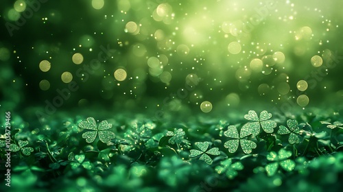 Vibrant green St Patrick's Day background filled with sparkling shamrock shapes that shimmer with festive charm creating a joyful atmosphere perfect for celebration or greetings