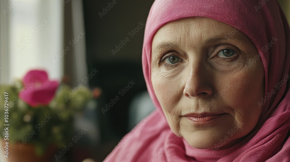 A older woman with cancer, wearing a pink scarf, looks directly into the camera Breast Cancer support A older woman with cancer, wearing a pink scarf, looks directly into the camera Breast Cancer support