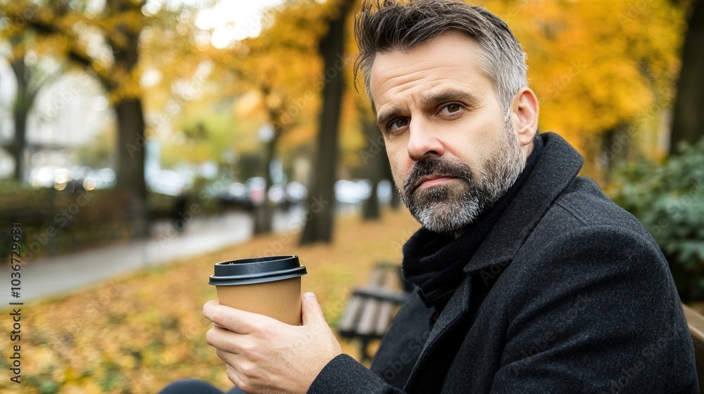 Middle-aged man with slight tremor holding cup of coffee on park bench, symbolizing struggle with Parkinson's disease, calm natural setting. Middle-aged man with slight tremor holding cup of coffee on park bench, symbolizing struggle with Parkinson's disease, calm natural setting.