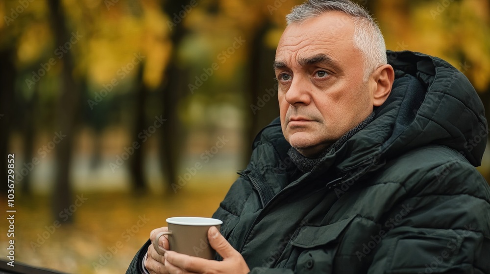 Middle-aged man with slight tremor holding cup of coffee on park bench, symbolizing struggle with Parkinson's disease, calm natural setting. Middle-aged man with slight tremor holding cup of coffee on park bench, symbolizing struggle with Parkinson's disease, calm natural setting.