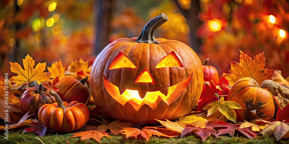 Spooky Halloween Pumpkin Surrounded by Fall Leaves - Glowing Eyes Create Eerie Atmosphere for Autumn Festivities, Perfect for Seasonal Decor and Horror Themes Spooky Halloween Pumpkin Surrounded by Fall Leaves - Glowing Eyes Create Eerie Atmosphere for Autumn Festivities, Perfect for Seasonal Decor and Horror Themes