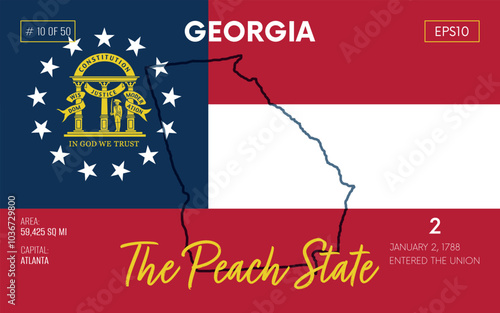 Vector poster background of the US state of Georgia, with name, map borders, state flag design, nickname, order number and date of admission to the Union, capital, area. Illustration 10 of 50. 