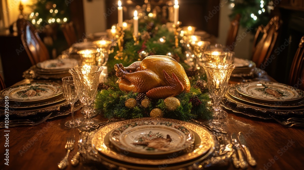 A beautifully arranged table with a golden turkey centerpiece, glowing with seasonal decorations and candles A beautifully arranged table with a golden turkey centerpiece, glowing with seasonal decorations and candles