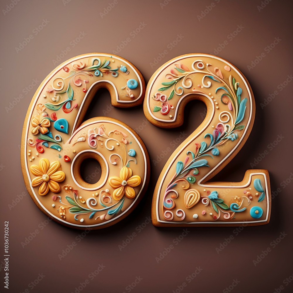 Decorated cookie, number 62, illustration for birthday or anniversary celebration Decorated cookie, number 62, illustration for birthday or anniversary celebration