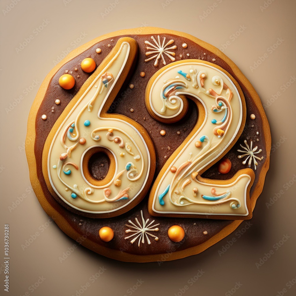 Decorated cookie, number 62, illustration for birthday or anniversary celebration Decorated cookie, number 62, illustration for birthday or anniversary celebration