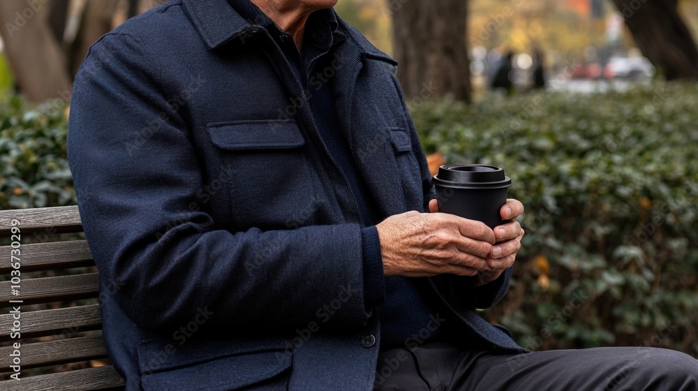Middle-aged man with slight tremor holding cup of coffee on park bench, symbolizing struggle with Parkinson's disease, calm natural setting. Middle-aged man with slight tremor holding cup of coffee on park bench, symbolizing struggle with Parkinson's disease, calm natural setting.