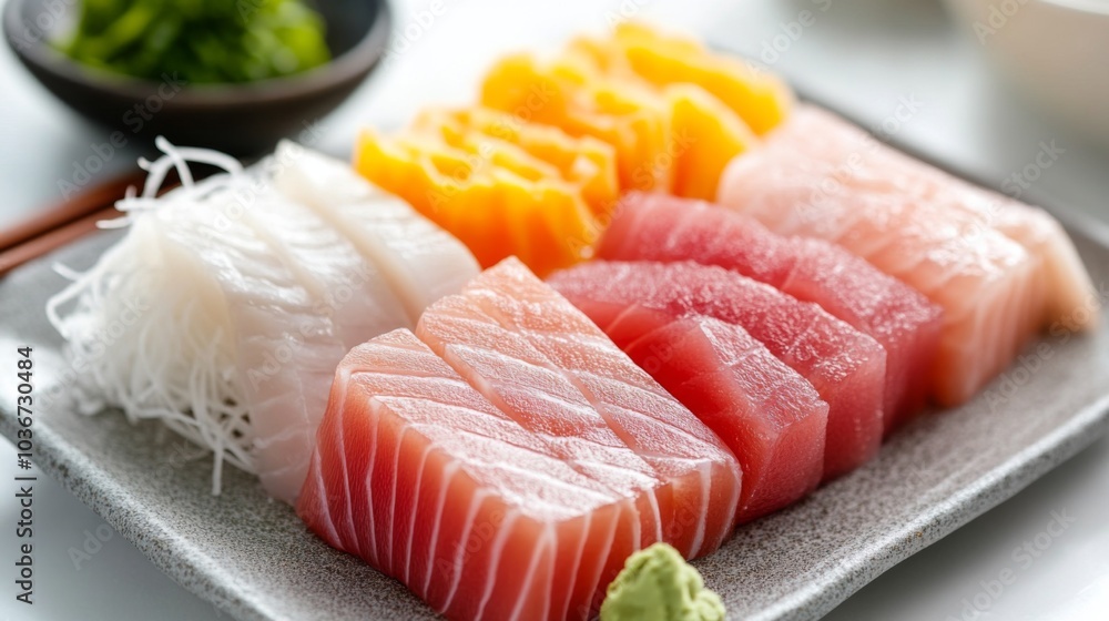Fresh Sashimi Selection on Minimalist Plate Fresh Sashimi Selection on Minimalist Plate