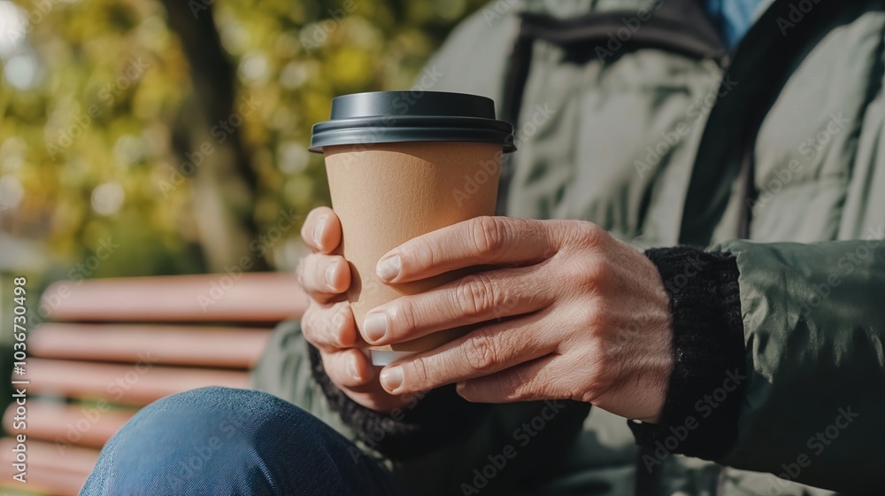 Middle-aged man with slight tremor holding cup of coffee on park bench, symbolizing struggle with Parkinson's disease, calm natural setting. Middle-aged man with slight tremor holding cup of coffee on park bench, symbolizing struggle with Parkinson's disease, calm natural setting.