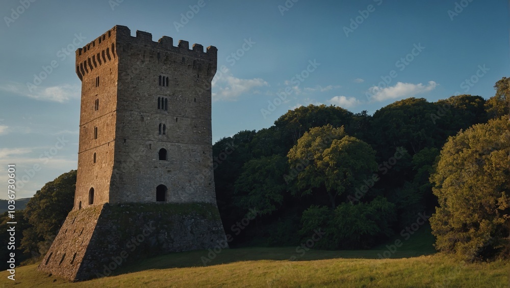 The archer tower's silhouette against the evening sky creates a romantic ambiance for lovers The archer tower's silhouette against the evening sky creates a romantic ambiance for lovers