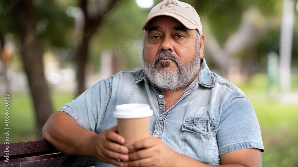 Middle-aged man with slight tremor holding cup of coffee on park bench, symbolizing struggle with Parkinson's disease, calm natural setting. Middle-aged man with slight tremor holding cup of coffee on park bench, symbolizing struggle with Parkinson's disease, calm natural setting.