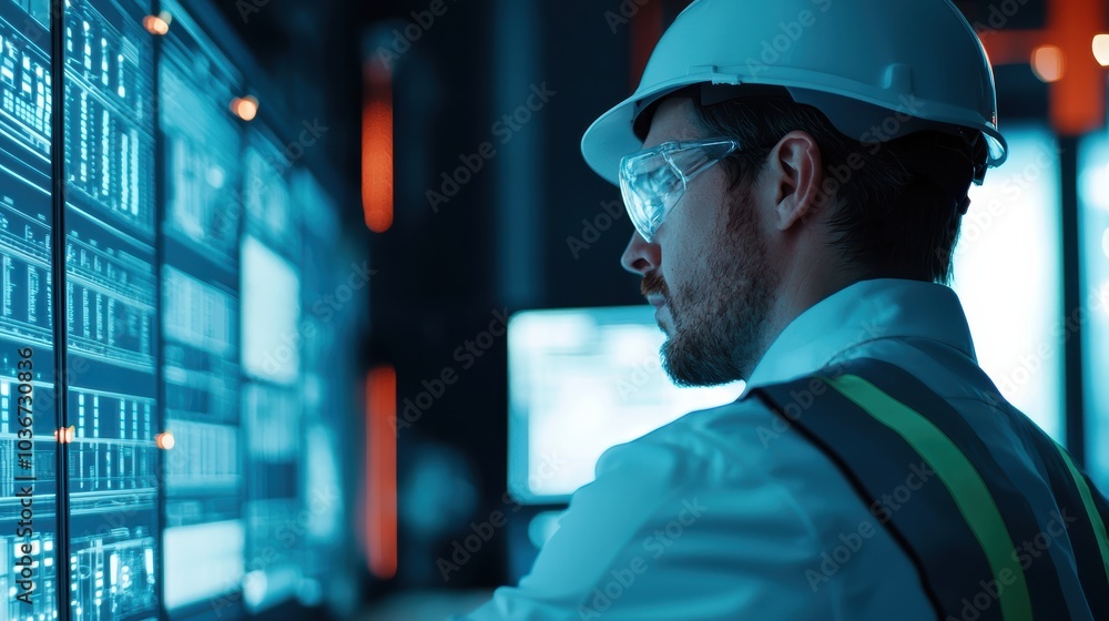 Engineer Analyzing Data on Digital Interface in High-Tech Environment for Industrial Processes Engineer Analyzing Data on Digital Interface in High-Tech Environment for Industrial Processes