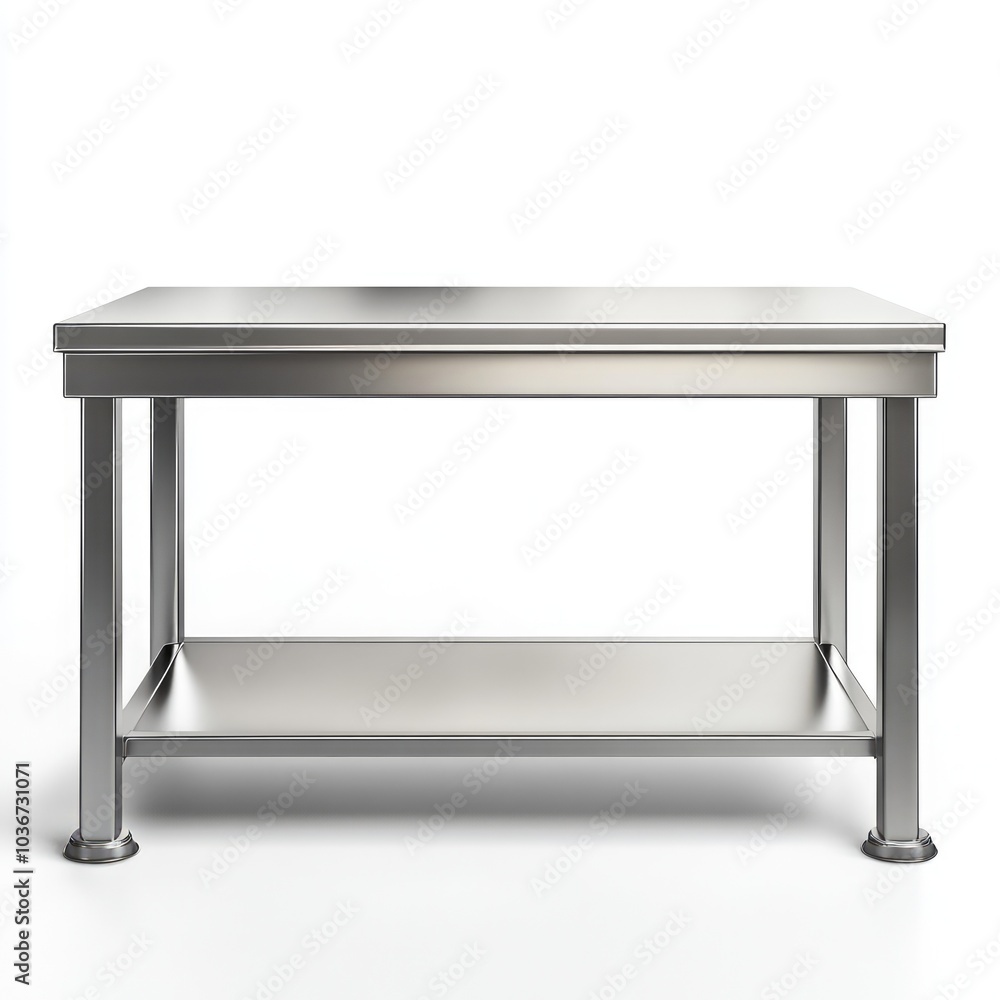 Stainless Steel Industrial Table with Lower Shelf for Kitchen or Workshop Use on White Background Stainless Steel Industrial Table with Lower Shelf for Kitchen or Workshop Use on White Background