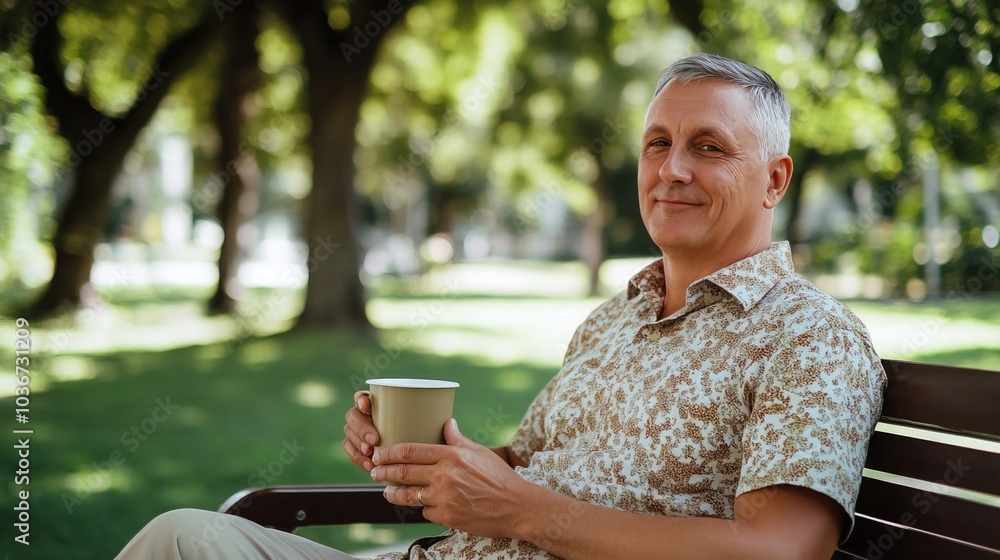 Middle-aged man with slight tremor holding cup of coffee on park bench, symbolizing struggle with Parkinson's disease, calm natural setting. Middle-aged man with slight tremor holding cup of coffee on park bench, symbolizing struggle with Parkinson's disease, calm natural setting.