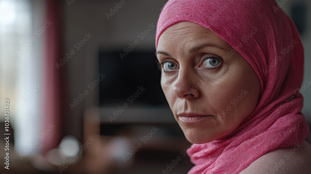 A older woman with cancer, wearing a pink scarf, looks directly into the camera Breast Cancer support A older woman with cancer, wearing a pink scarf, looks directly into the camera Breast Cancer support