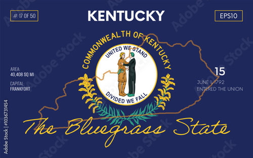 Vector poster background of the US state of Kentucky, with name, map borders, state flag design, nickname, order number and date of admission to the Union, capital, area. Illustration 17 of 50. 
