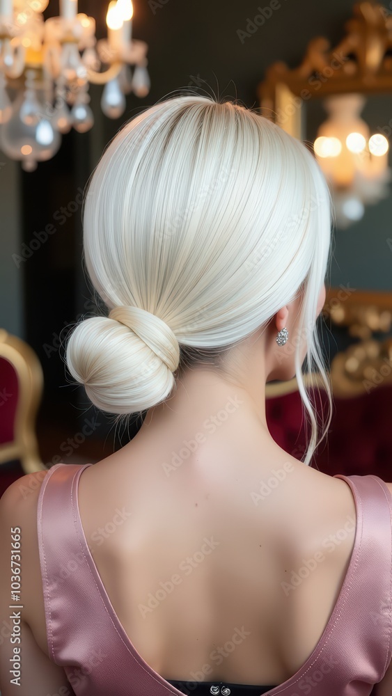 Fototapeta premium A chic low bun made of smooth platinum blonde hair, styled meticulously for a sleek, polished look. The woman's hair is complemented by a luxurious interior setting with chandeliers in the background