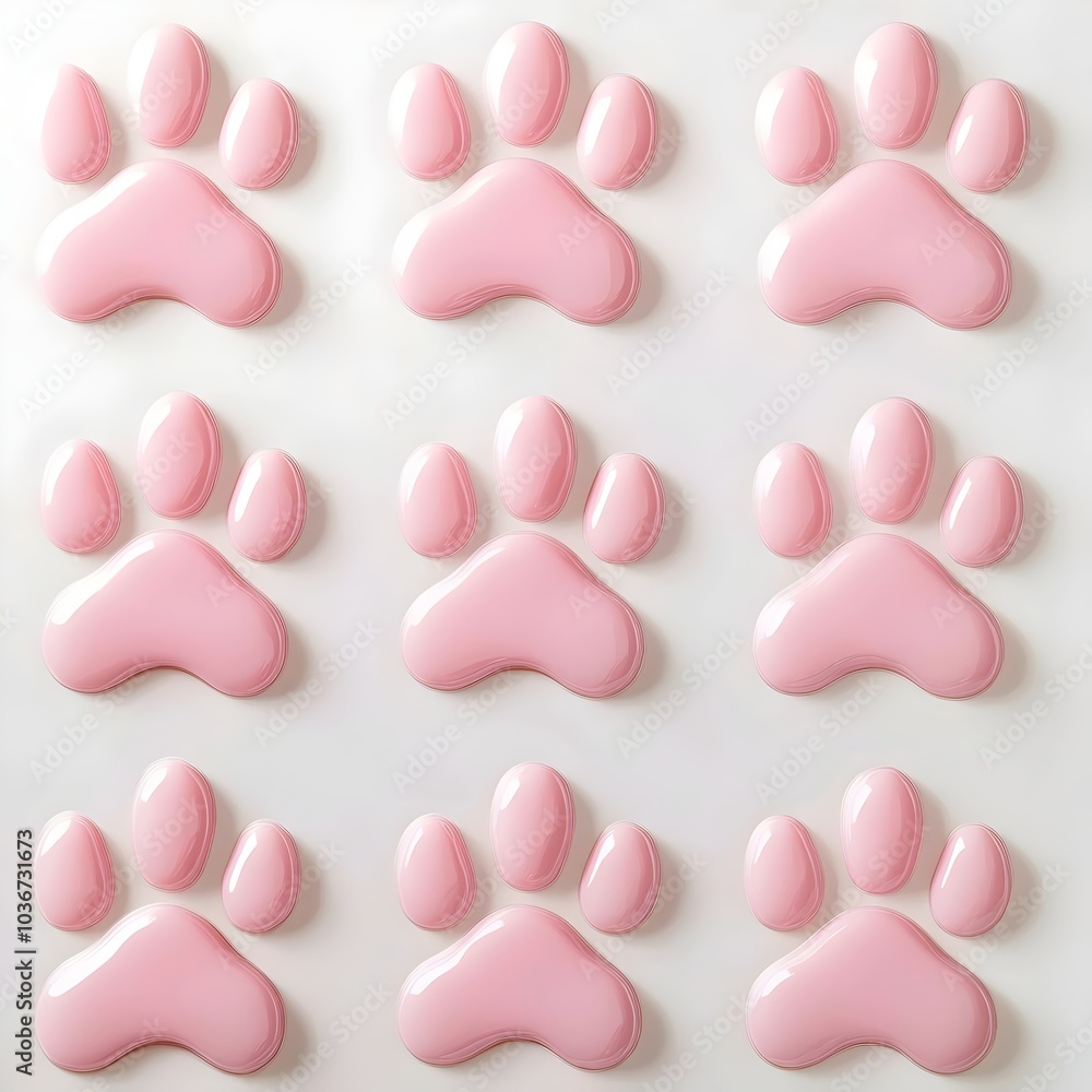 A playful arrangement of nine glossy pink paw prints on a soft white background, perfect for animal lovers or pet-themed designs. A playful arrangement of nine glossy pink paw prints on a soft white background, perfect for animal lovers or pet-themed designs.