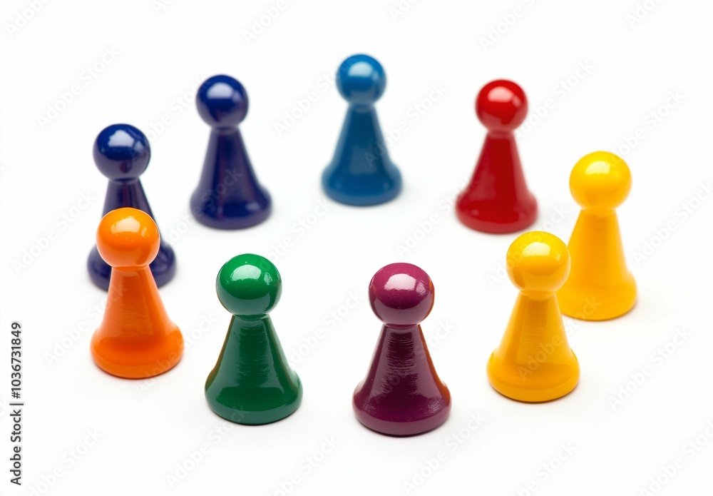 Colorful toy people pawns arranged in circle on white background, symbolizing group of friends or community concept Colorful toy people pawns arranged in circle on white background, symbolizing group of friends or community concept