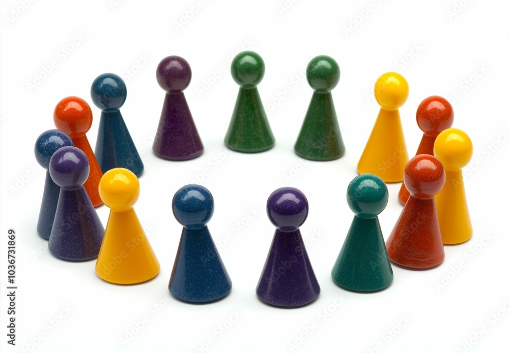 Colorful toy people pawns arranged in circle on white background, symbolizing group of friends or community concept Colorful toy people pawns arranged in circle on white background, symbolizing group of friends or community concept
