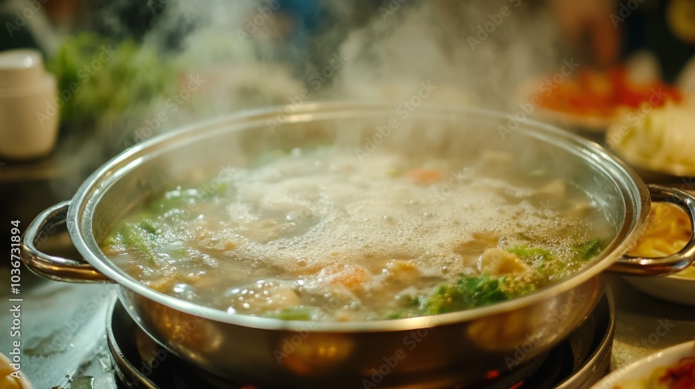 Hot Pot with Bubbling Broth and Fresh Vegetables