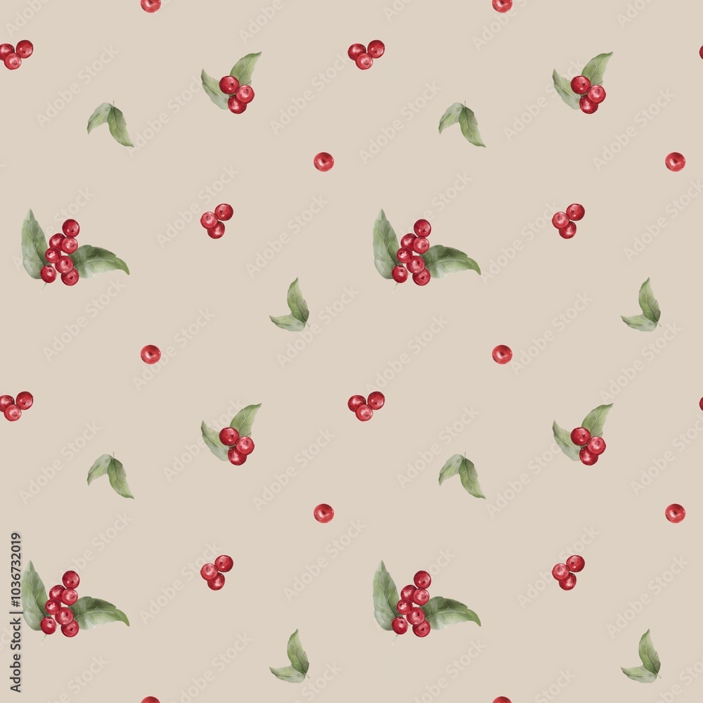 Winter red holly berries seamless pattern, red berry, green leaves, Christmas paper, New Year art Winter red holly berries seamless pattern, red berry, green leaves, Christmas paper, New Year art