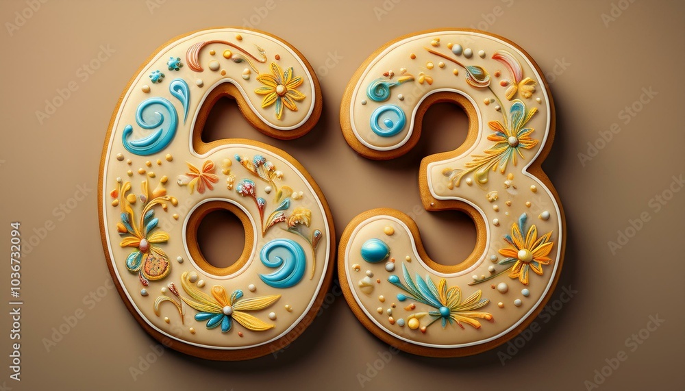Decorated cookie, number 63, illustration for birthday or anniversary celebration Decorated cookie, number 63, illustration for birthday or anniversary celebration