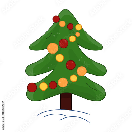 Doodle green Christmas tree with balls, garland, decorations. Evergreen plant pine vector color illustration. Genus of coniferous evergreen trees.